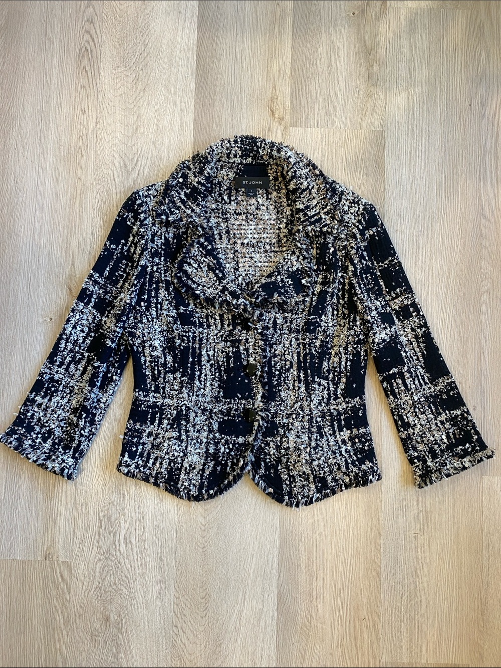 St. John Black Cream Textured Tweed Knit Fringe Blazer Jacket Size 8